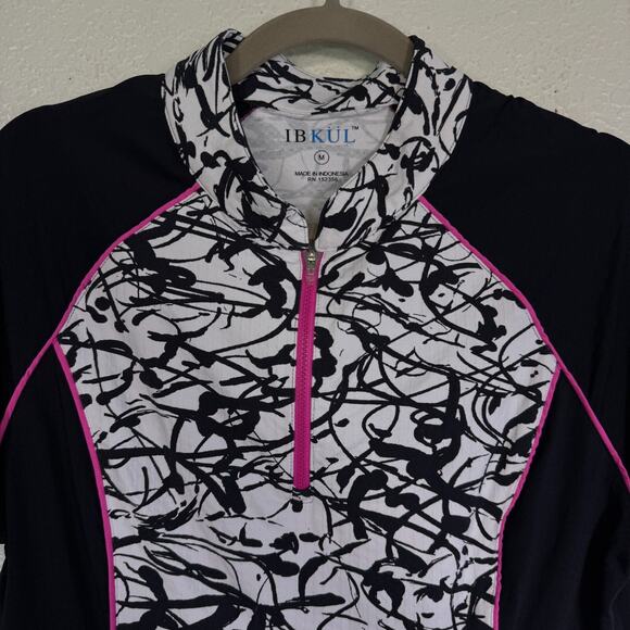 Ibkul Top Women Medium Abstract Black White Pink Zip Athletic Golf Tennis Active - Picture 4 of 8